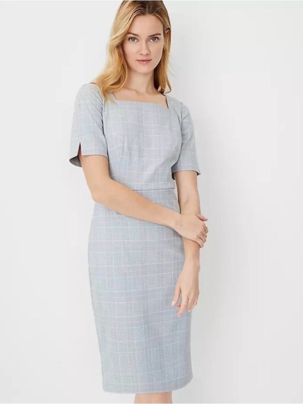 Ann Taylor Light Gray Plaid Sheath Lined Dress Size 14